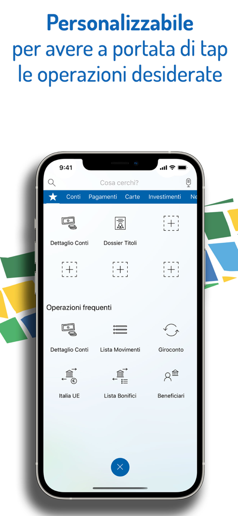 La Cassa di Ravenna S.p.A. - Happy Banking app showing a customizable dashboard with various banking shortcuts.