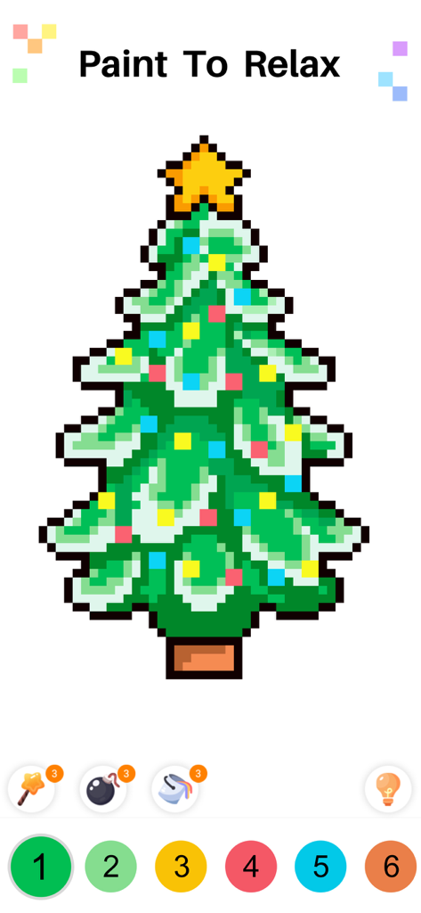 Pixel Color - Art By Numbers - A pixel art Christmas tree with numbered color palettes in the Pixel Color app for stress relief.