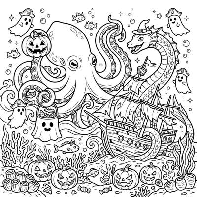 Dive into a thrilling underwater Halloween party where colossal sea monsters meet playful pirate ghosts and glowing jack-o'-lanterns. This intricate coloring page invites you to bring a splash of color to an oceanic spooky celebration.