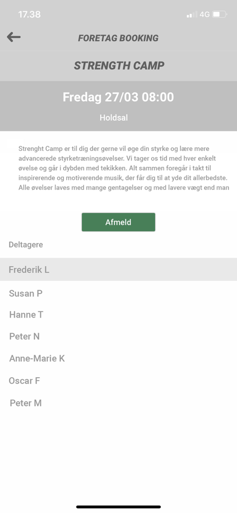 Sport Solution Booking - Strength Camp class booking details with participant list