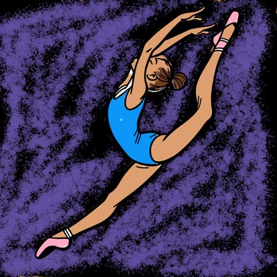 gymnast doing a leap in a leotard with a bent back leg