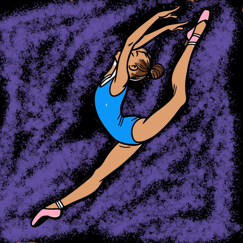 gymnast doing a leap in a leotard with a bent back leg