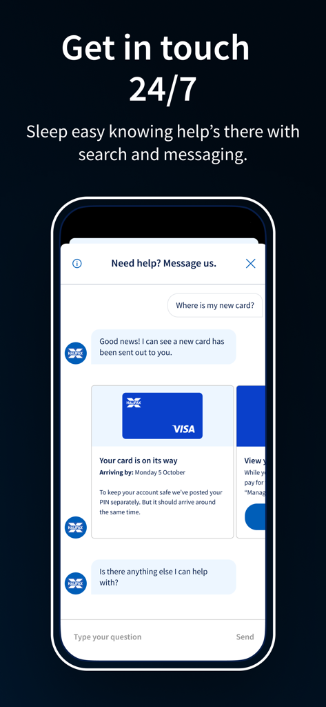 Halifax Mobile Banking - Interfaz de chat de soporte al cliente 24/7 de la aplicación Halifax que muestra una actualización sobre la entrega de una nueva tarjeta.