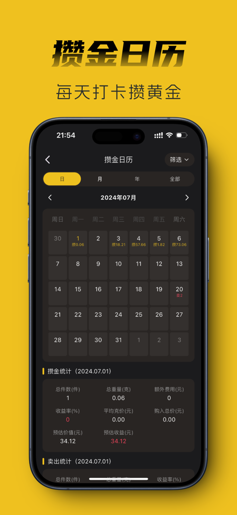 A mobile app screen showing a monthly savings calendar with daily gold accumulation data and investment summaries
