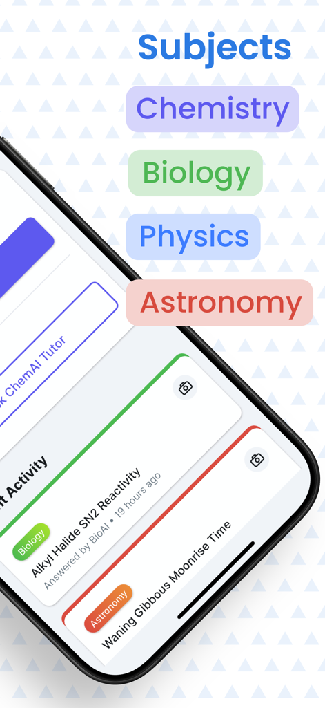 Science AI: Homework Solver - Interfaz de aplicación móvil que muestra materias científicas como química, biología, física y astronomía