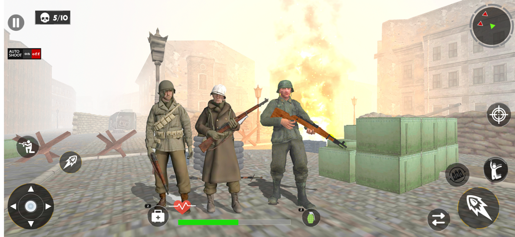 WW2 Shooter Heroes Fire War - Three soldiers in World War 2 gear standing in a city street with an explosion in the background