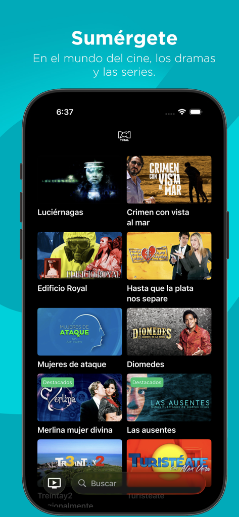 RCN Total - Interfaz de la aplicación RCN Total mostrando un catálogo de películas, dramas y series en español.
