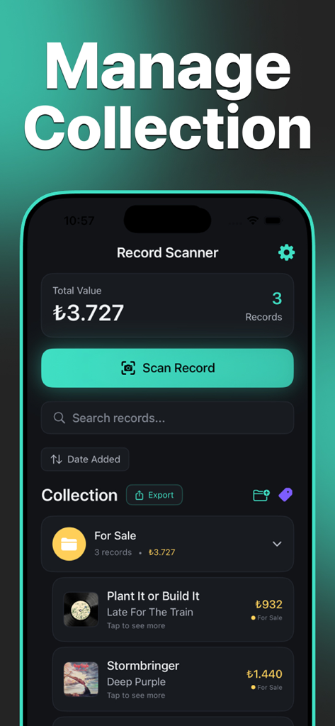 Record Scanner & Vinyl - CD - Interface of the Record Scanner app showing a managed vinyl collection with total market value and scanned album list