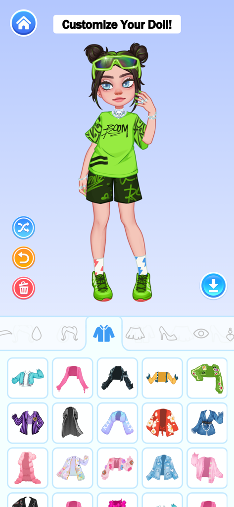 A doll avatar with a neon green streetwear outfit and space buns being customized in the YoYa app