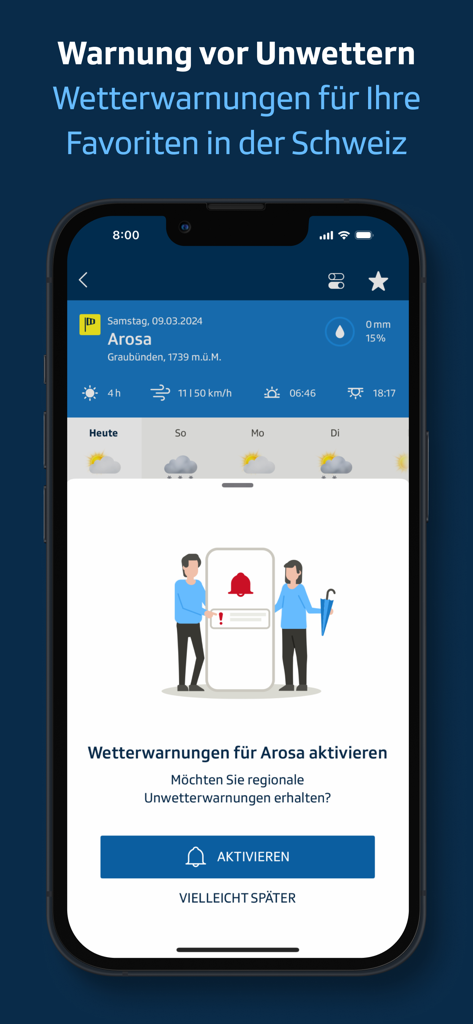 SRF Meteo - Wetter Schweiz - SRF Meteo app interface showing weather alert activation for Arosa Switzerland
