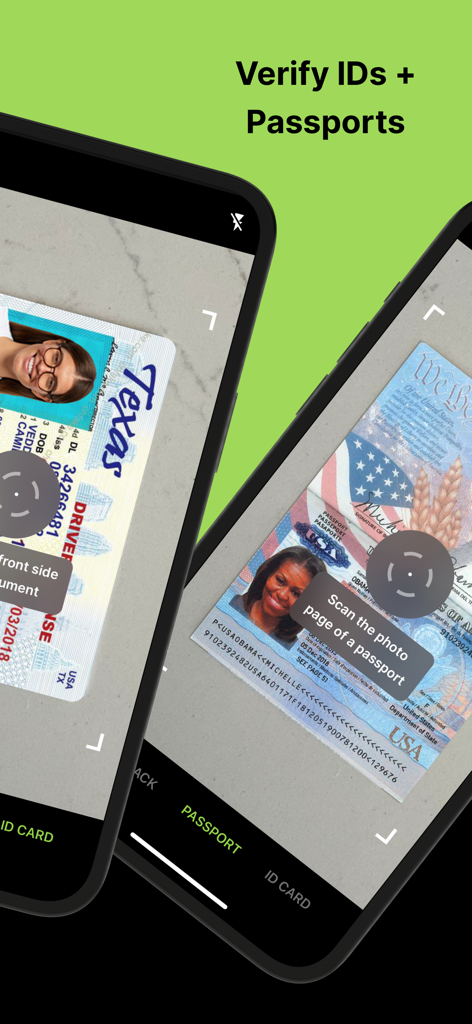 Vyyer ID Scan app interface showing digital verification of a Texas driver license and a US passport on mobile screens