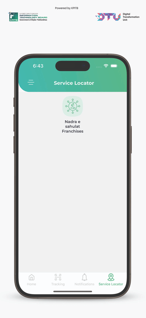 Dastak App - Service Locator screen in the Dastak app showing Nadra e sahulat Franchises