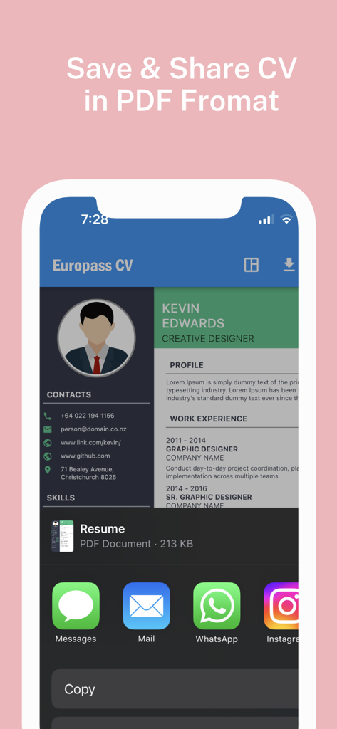Mobile app interface showing a professional Europass CV preview with options to share the document as a PDF via email and messaging apps