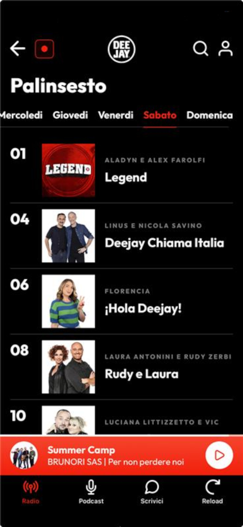 Radio Deejay - Radio Deejay app interface displaying the Saturday programming schedule with Italian radio show hosts.