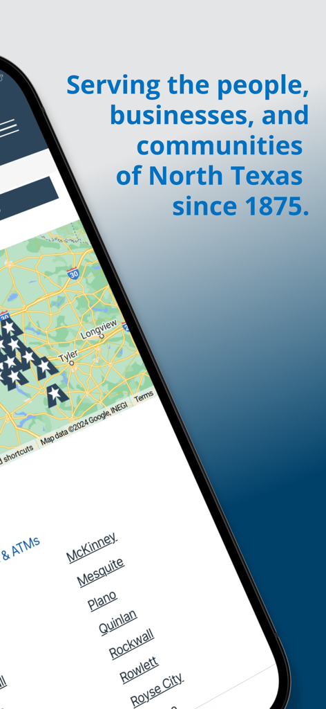 ANBTX Mobile Banking - Screenshot of the ANBTX Mobile Banking app showing a map of branches across North Texas and a list of cities including McKinney and Plano.