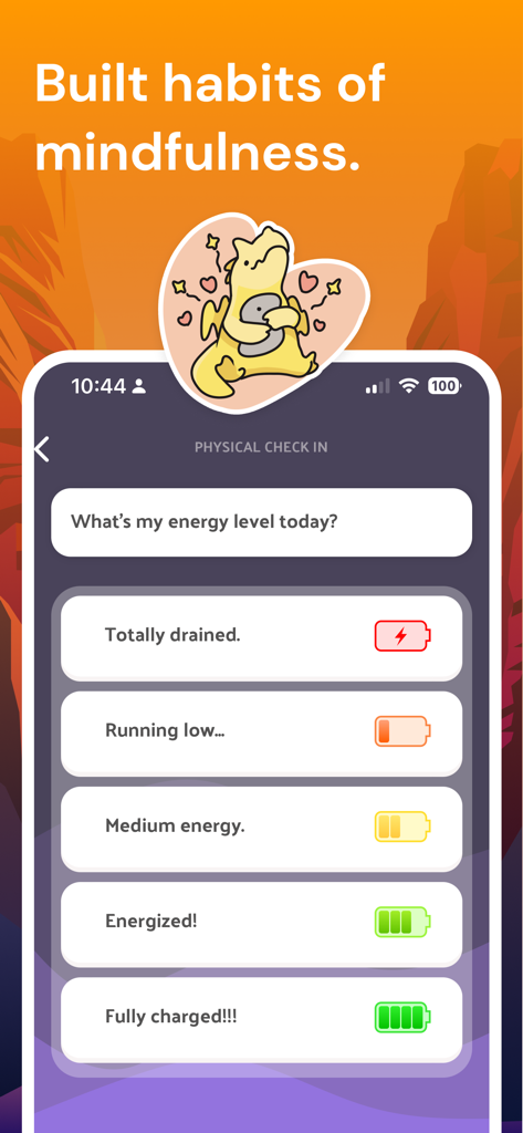Voidpet Garden: Mental Health - バッテリーアイコンを使用して毎日のエネルギーレベルを追跡するためのVoidpet Gardenアプリのインターフェース