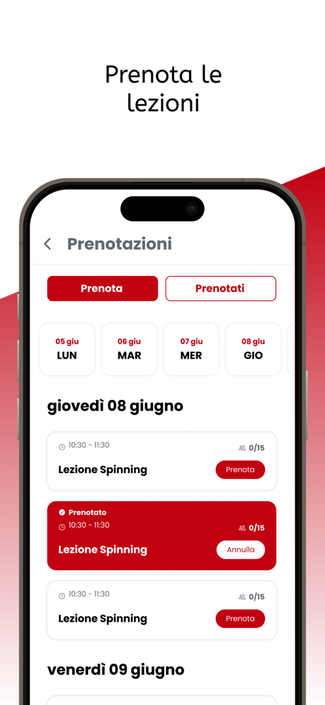 CoachPlus - Interfaccia dell'app mobile CoachPlus che mostra un programma settimanale per lezioni di fitness e opzioni di prenotazione