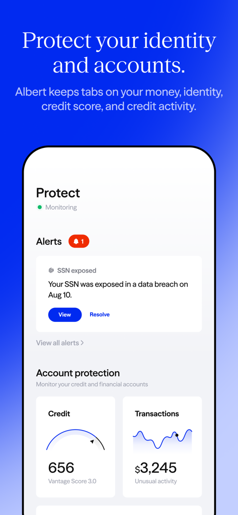 Interfaccia dell'app Albert che mostra avvisi di protezione dell'identità e monitoraggio del punteggio di credito
