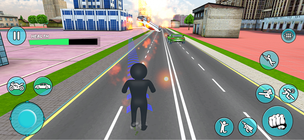 Stickman Wars - Stickman Games - A black stickman character running down a city street with on-screen game controls and a car explosion in the background.