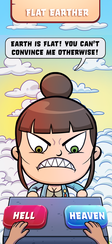 Gameplay screenshot of Judgment Day Angel of God where the player chooses to send a flat earther to heaven or hell