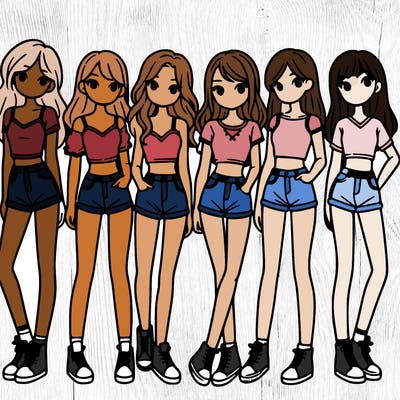 a group of girls wearing crop tops and shorts
