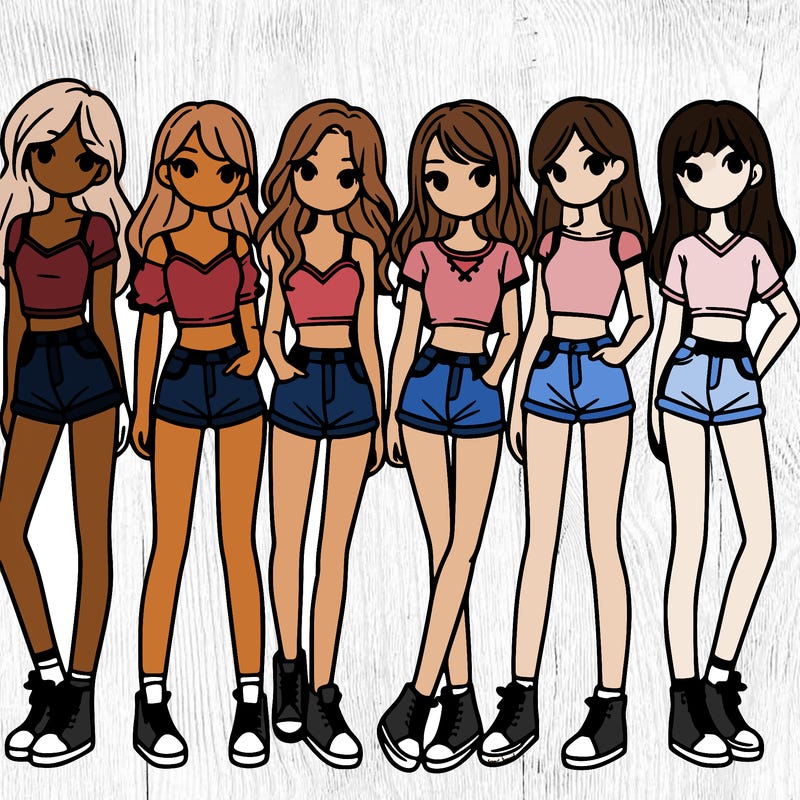 a group of girls wearing crop tops and shorts