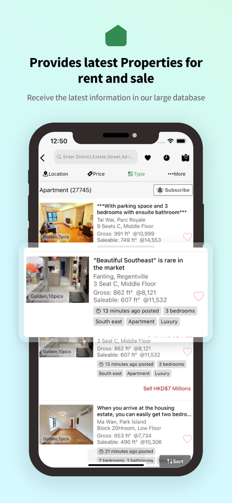 28Hse mobile app showing Hong Kong property listings for rent and sale