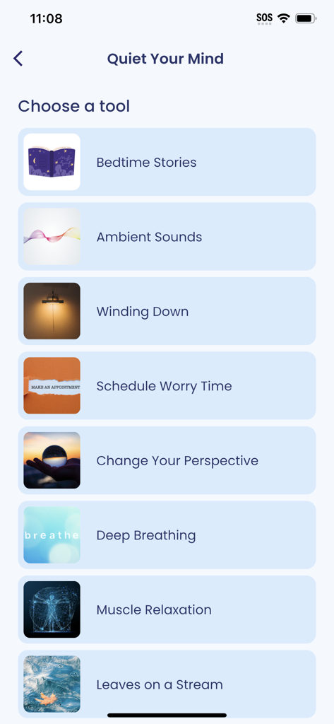 A menu of relaxation tools in the CBT-i Coach app including Bedtime Stories and Deep Breathing