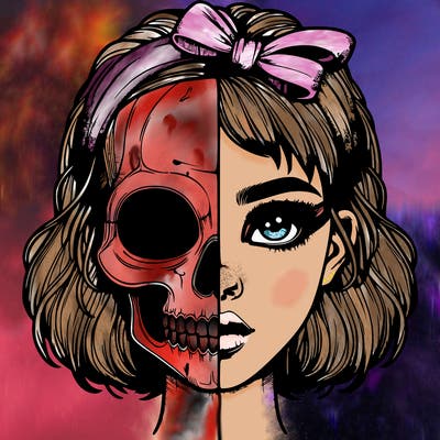 realistic girl with half skull mask