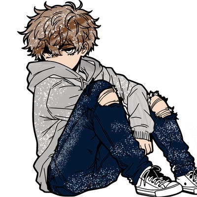 a male hoddie ripped jeans messy hair anime
