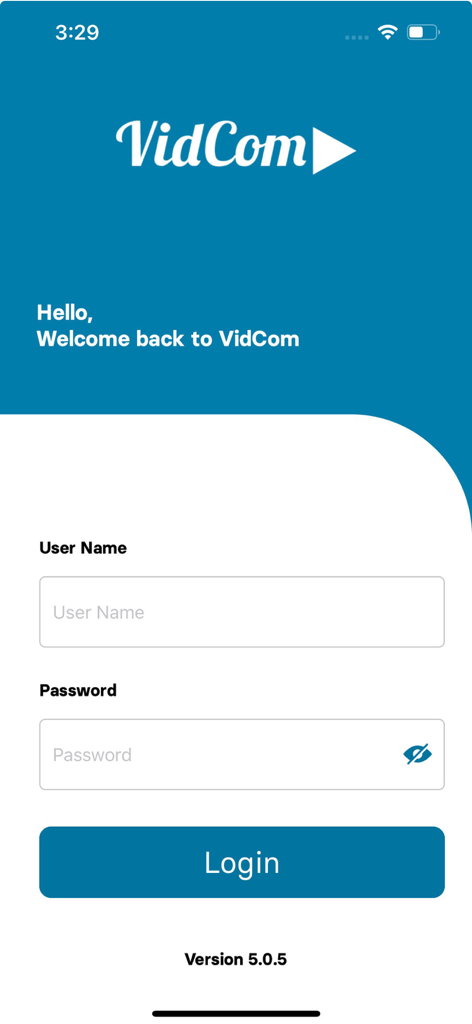 VidCom - Login screen of the VidCom automotive video communication app featuring fields for username and password