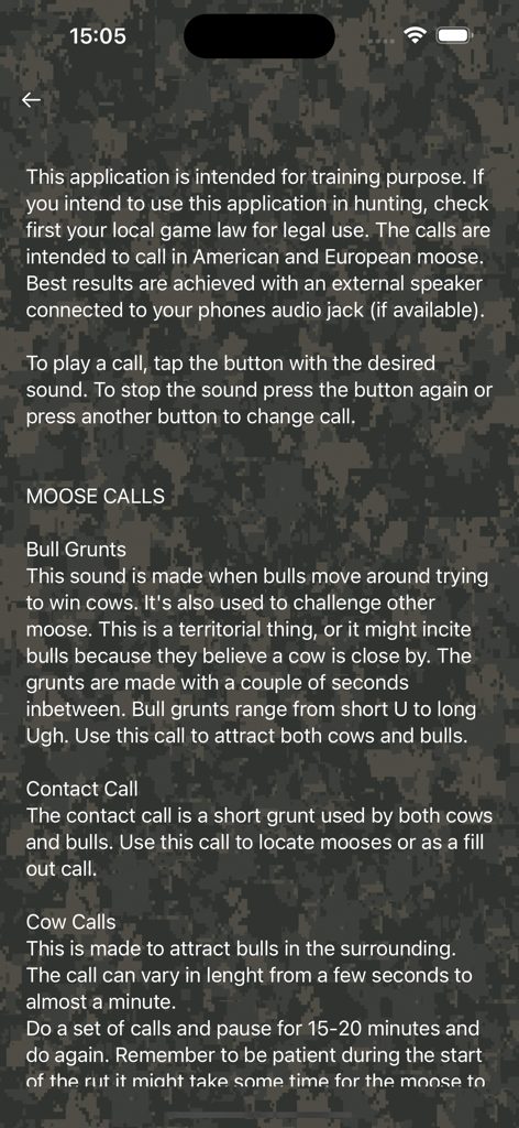 Moose Hunting Calls - Educational screen within the Moose Hunting Calls app explaining different types of moose vocalizations like bull grunts and cow calls over a camouflage background.