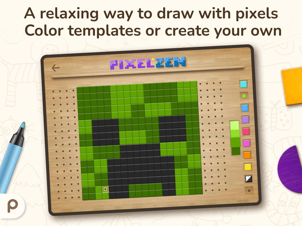 Pixel Zen game interface showing a green pixel art character being colored on a digital wooden tablet