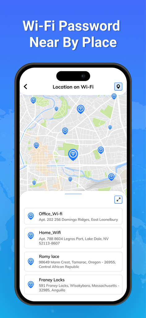 Wifi Password on Map Wifi View - Una interfaz de mapa que muestra redes WiFi cercanas y sus ubicaciones