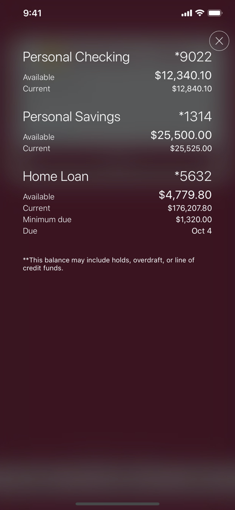 Account summary screen in the Mechanics Bank mobile app showing checking savings and loan balances