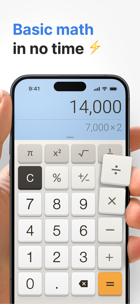 Calculator Plus with History - Pantalla de iPhone que muestra la aplicación Calculator Plus con botones grandes y la función de historial.