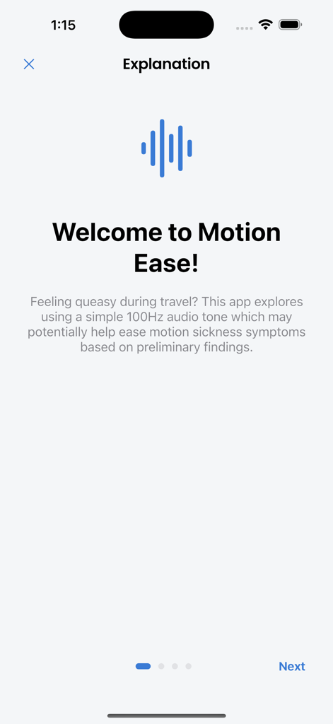 Écran de bienvenue de l'application Motion Ease expliquant comment un ton audio de 100 Hz aide aux symptômes du mal des transports.
