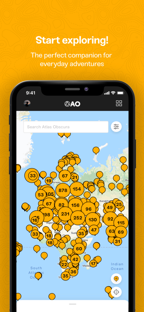 Atlas Obscura Travel Guide - Atlas Obscura app showing a global map with markers for unique travel locations