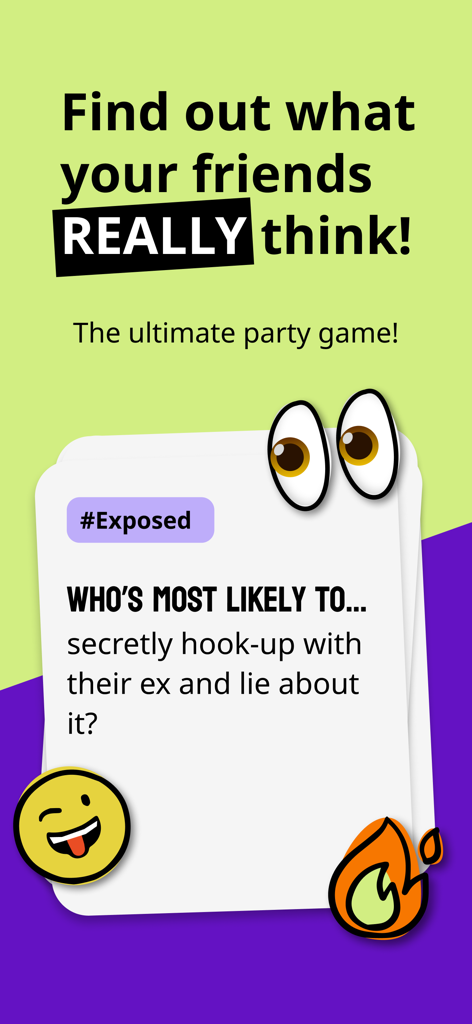 Roasted: Exposed 2 Party Lab - Roasted party game app screen showing a Who is Most Likely To question card with fun emojis and graphics