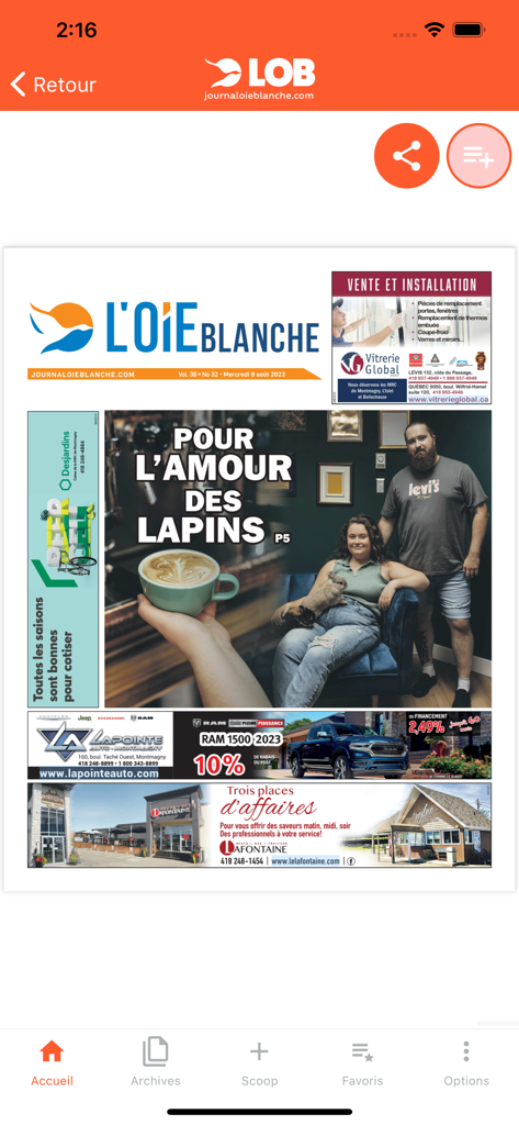 L’Oie Blanche - Capture d'écran de l'application L Oie Blanche montrant la couverture d'un journal local et le menu de navigation