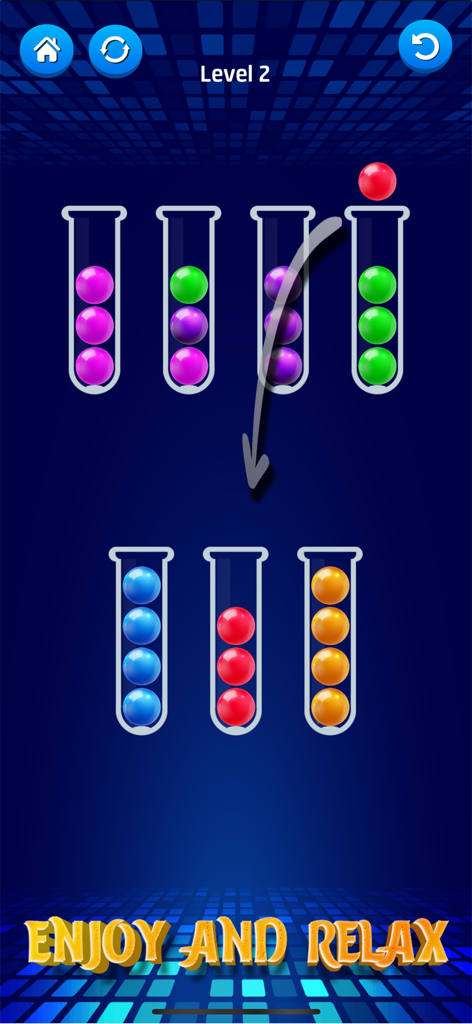 Ball Puzzle: Sort Color Balls - Juego de Ball Puzzle mostrando bolas de colores clasificándose en tubos de vidrio sobre un fondo azul con el texto Disfruta y Relájate.