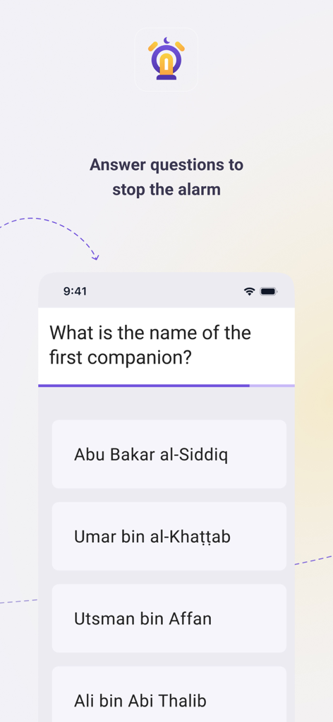 Interface showing an Islamic trivia question challenge to deactivate the Fajr prayer alarm