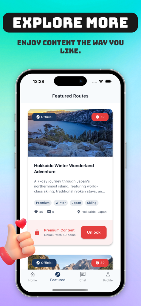 Cove - Share Fun, Video Chat - Aplicación móvil Cove que muestra rutas de viaje destacadas y guías oficiales de destinos.