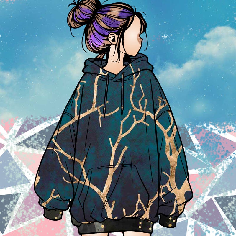 realistic girl with a oversized sweatshirt on and a bun