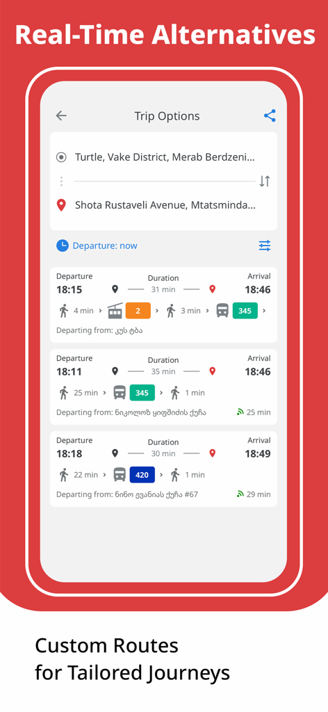 Mobile app interface showing real-time public transport route options in Tbilisi including bus and cable car