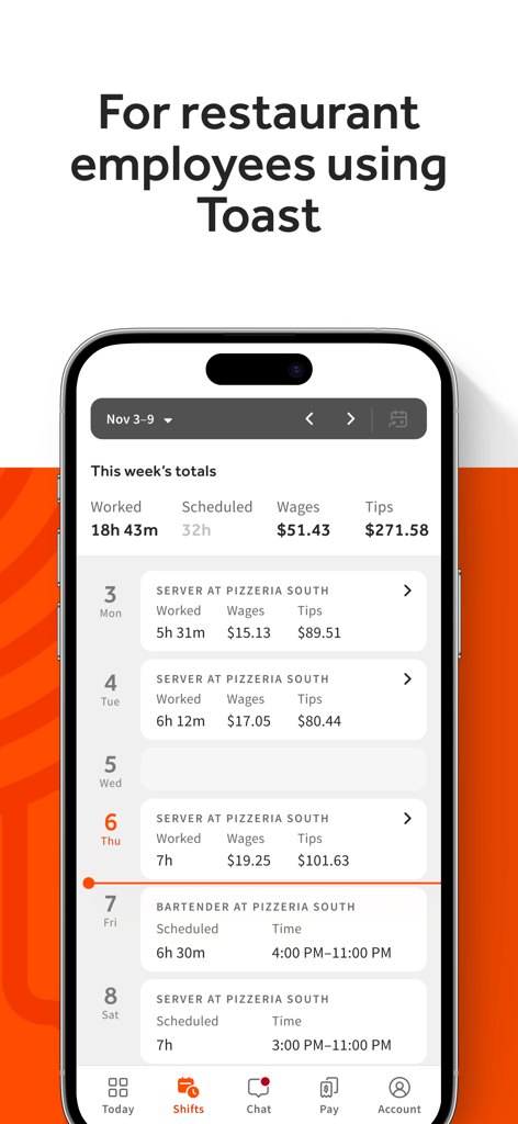 MyToast app interface displaying weekly work totals for hours wages and tips with a detailed daily shift schedule