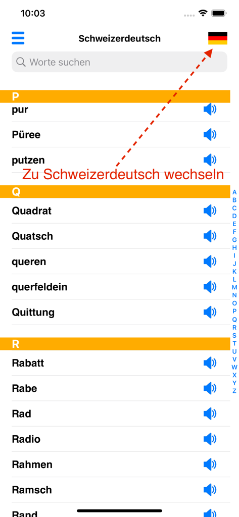 Liste deutscher Wörter im Schweizerdeutschen Wörterbuch mit Audio-Wiedergabe-Icons