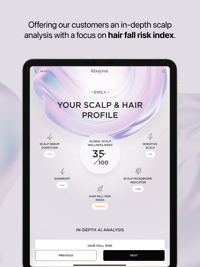 K-SCAN by Kerastase iPad app showing a detailed scalp and hair profile analysis with wellness and hair fall risk indices.
