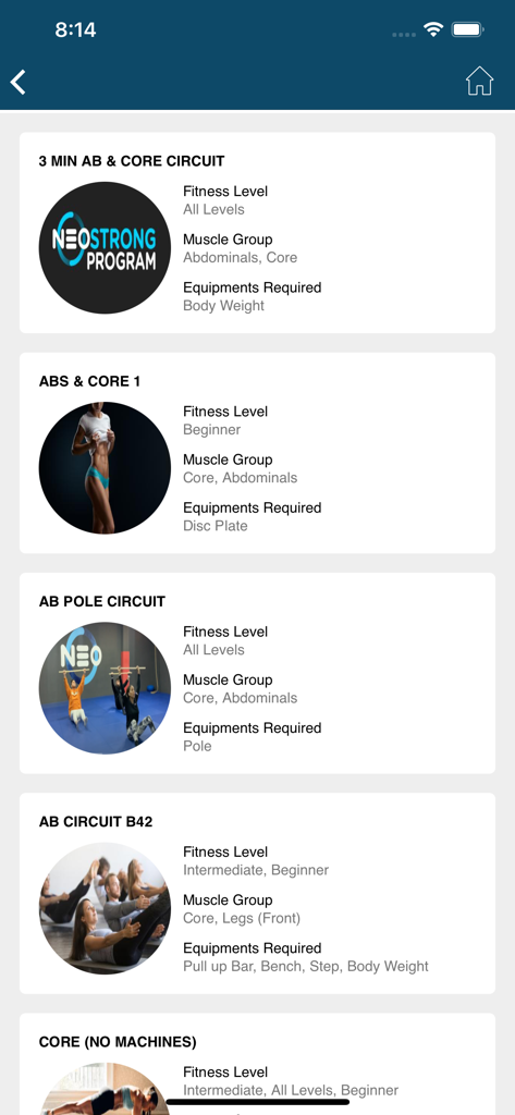 NeoFit - NeoFit app interface showing a list of core and abdominal workout circuits with fitness levels and equipment needs.