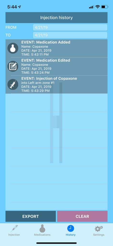 Injection history screen showing medical records and injection logs